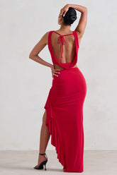 Red Ruffle Maxi Skirt With Thigh Split